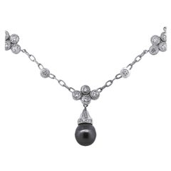 Diamond Oval Link Necklace with Tahitian Pearl Drop