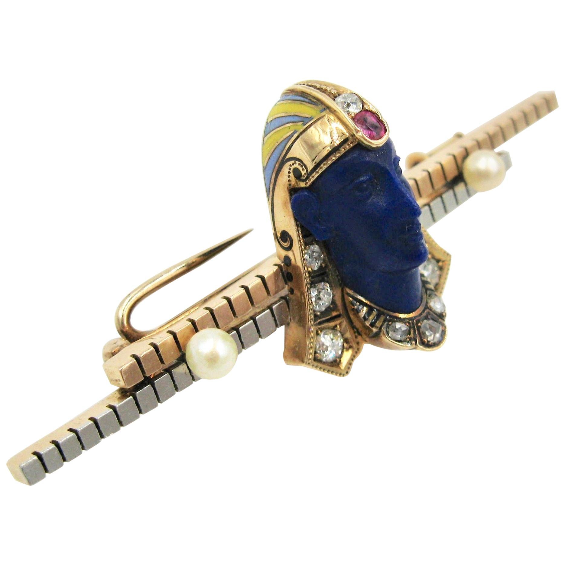 Rare broche pharaon néo-égyptien Art déco en lapis, diamants, rubis, perles et émail