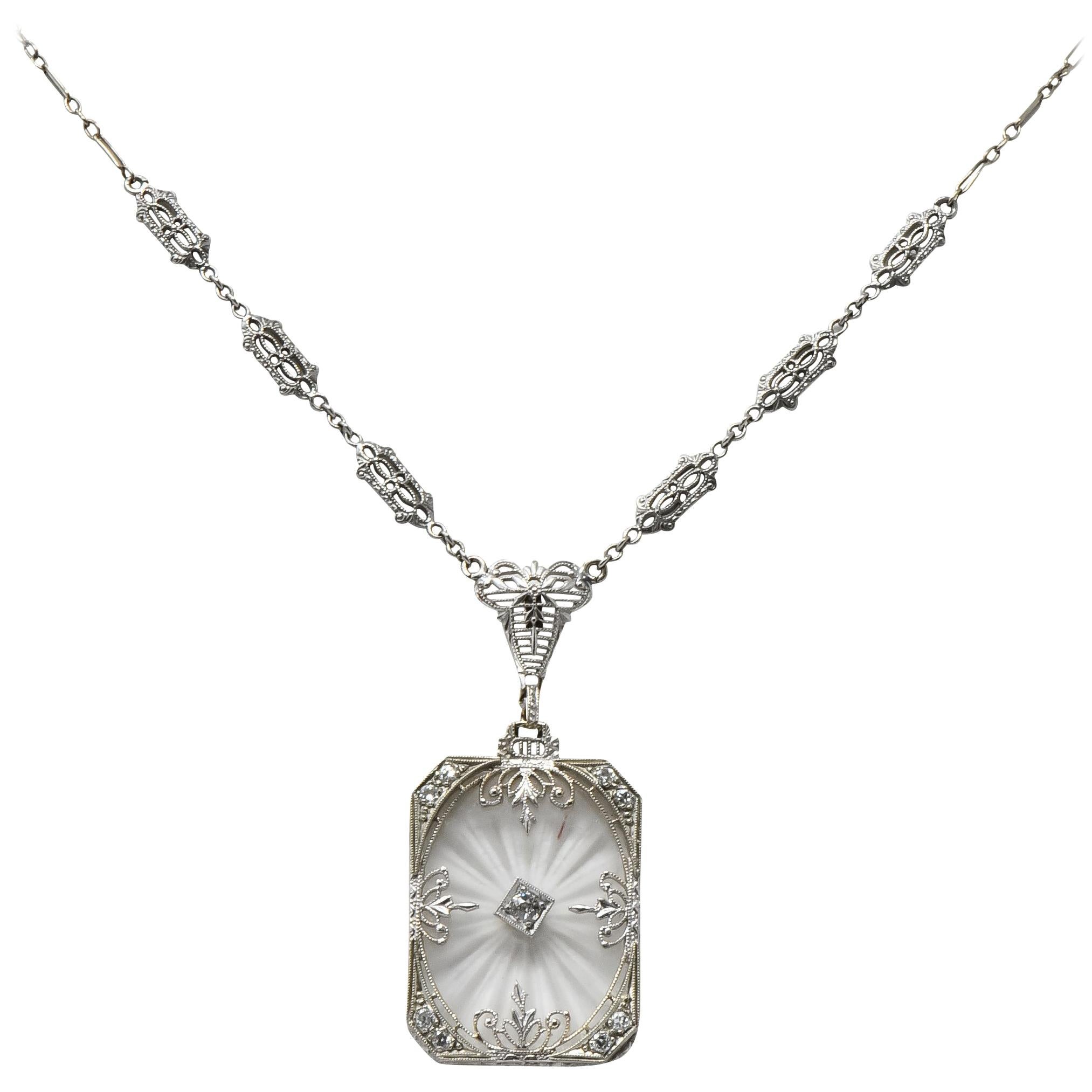 Balogh Art Deco Camphor Glass Diamond 14 Karat White Gold Necklace