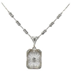 Vintage Balogh Art Deco Camphor Glass Diamond 14 Karat White Gold Necklace