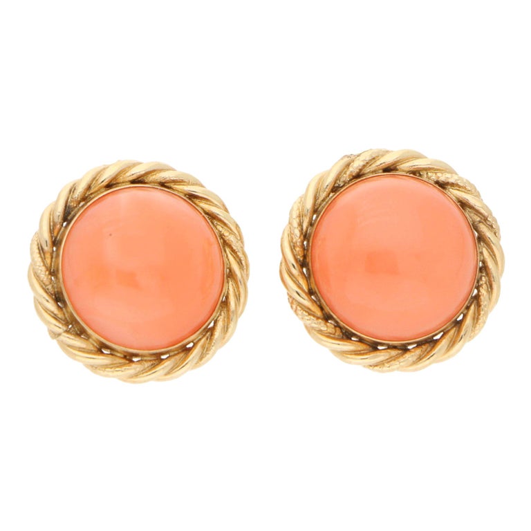 Orangy-Pink Coral Stud Earrings in Yellow Gold at 1stDibs