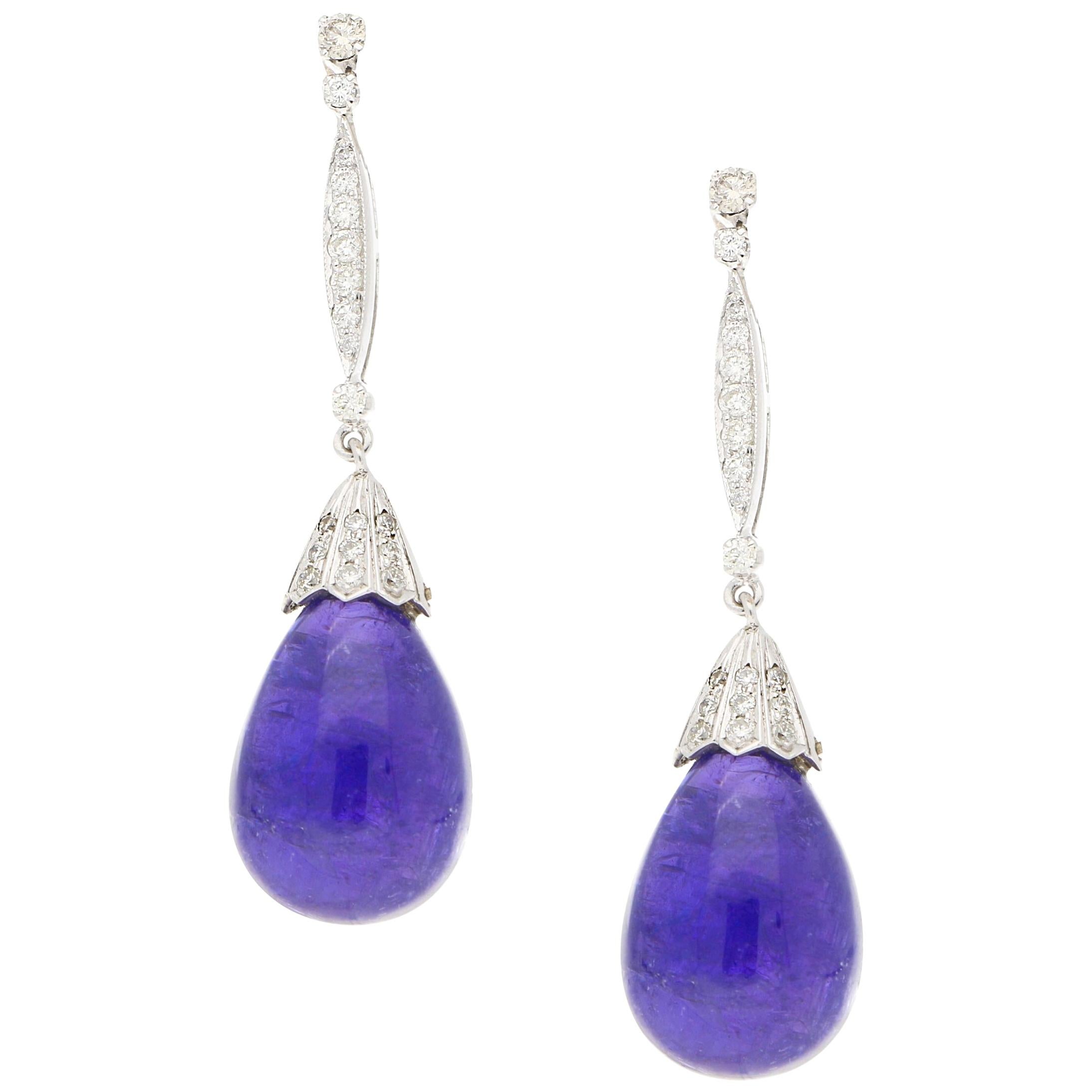 Cabochon Tanzanite and Diamond Drop Earrings in White Gold