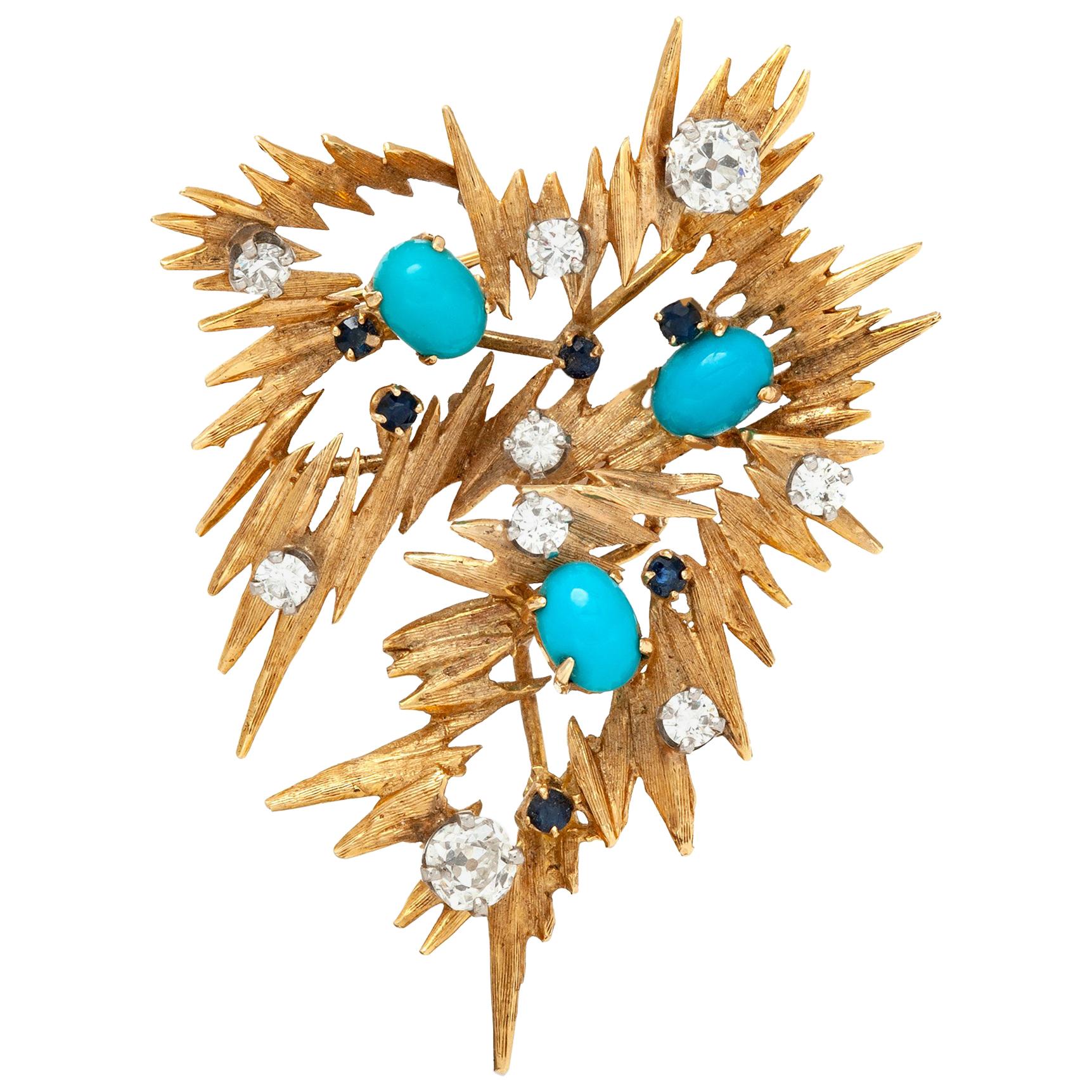 Pointy Diamond Turquoise Sapphire Brooch