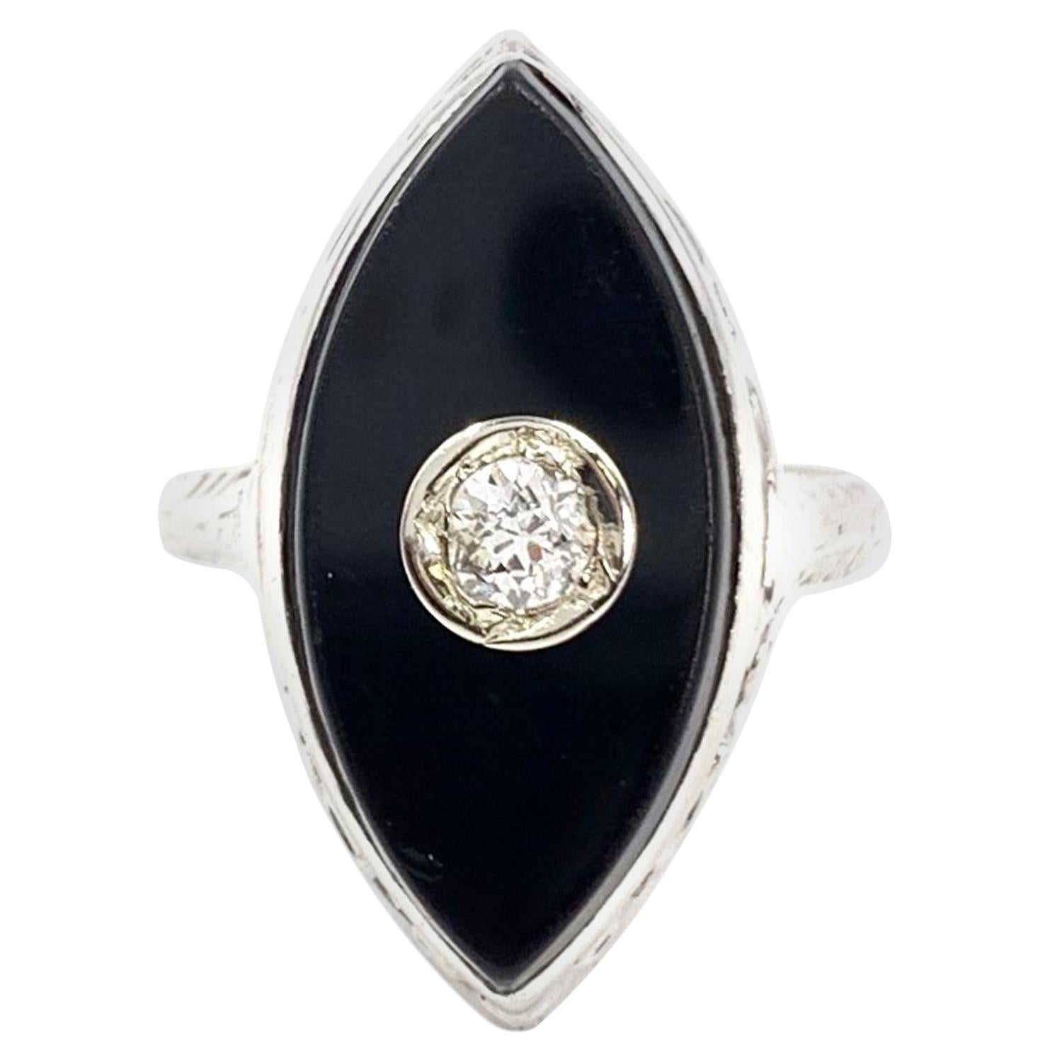 Onyx and Diamond Carved White Gold Ring
