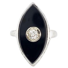 Vintage Onyx and Diamond Carved White Gold Ring