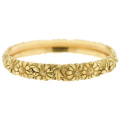 Antique French, braccialetto in oro giallo 18 carati massiccio con incisioni e margherite