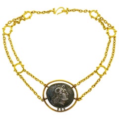 Vintage Yellow Gold Ancient Greek Coin Necklace, Helen Woodhull 1979