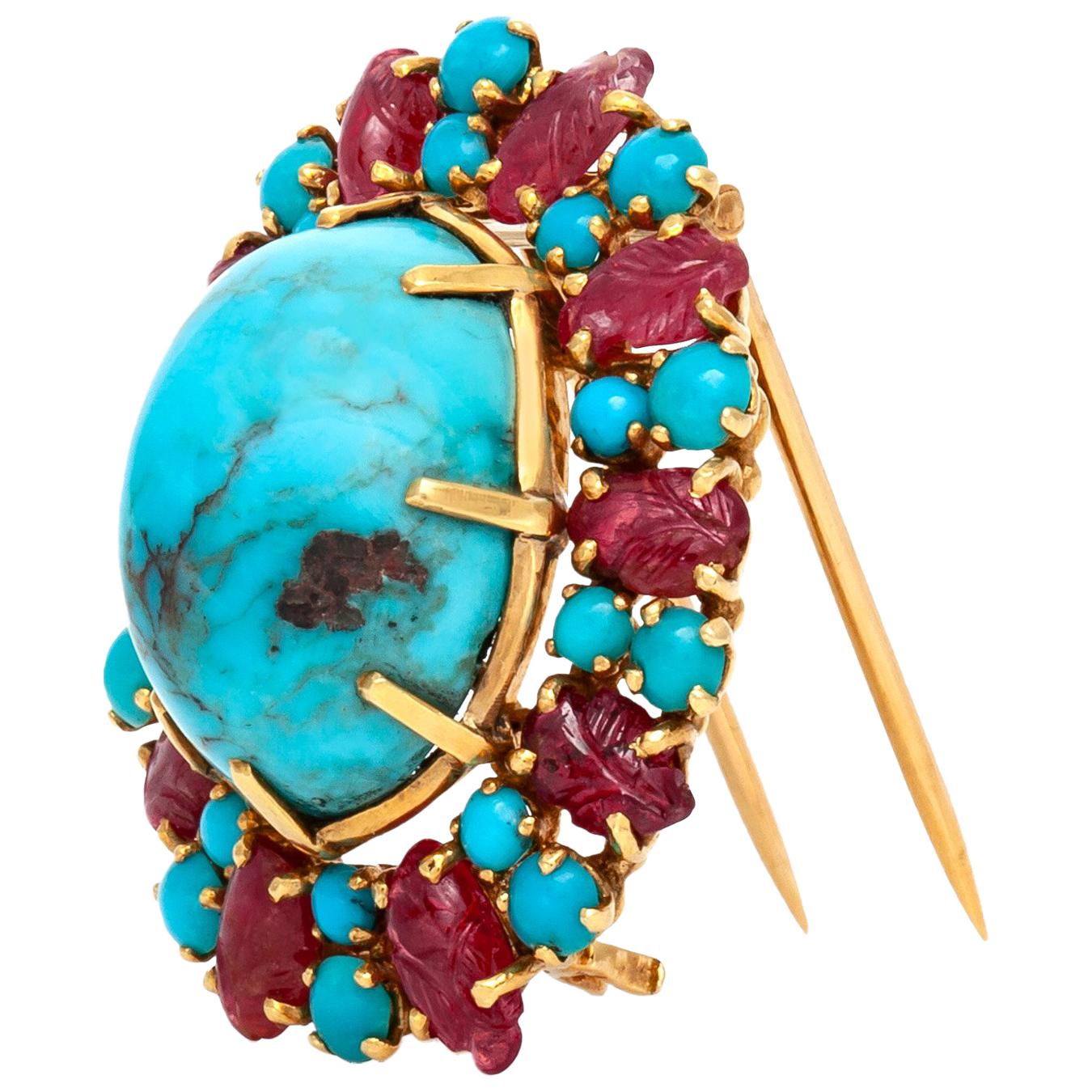 French Ruby Turquoise Brooch