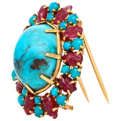Vintage French Ruby Turquoise Brooch