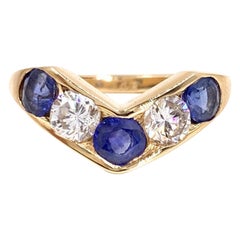 Vintage Blue Sapphire and Diamond Curved Gold Ring