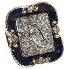 14 Karat Vintage Diamond Blue Enamel Ring Square Yellow Gold