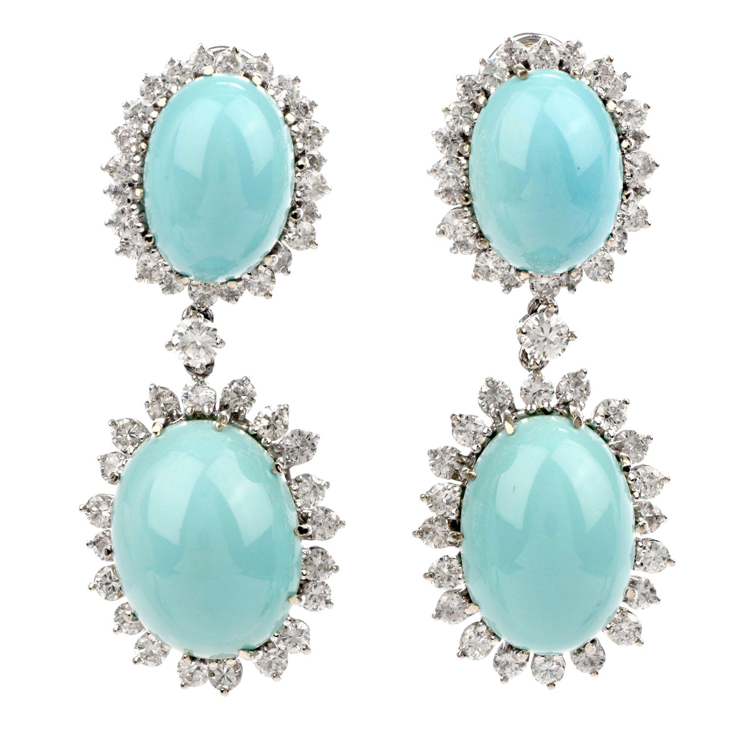 1960s Diamond Turquoise White Gold Dangle Drop Earrings 