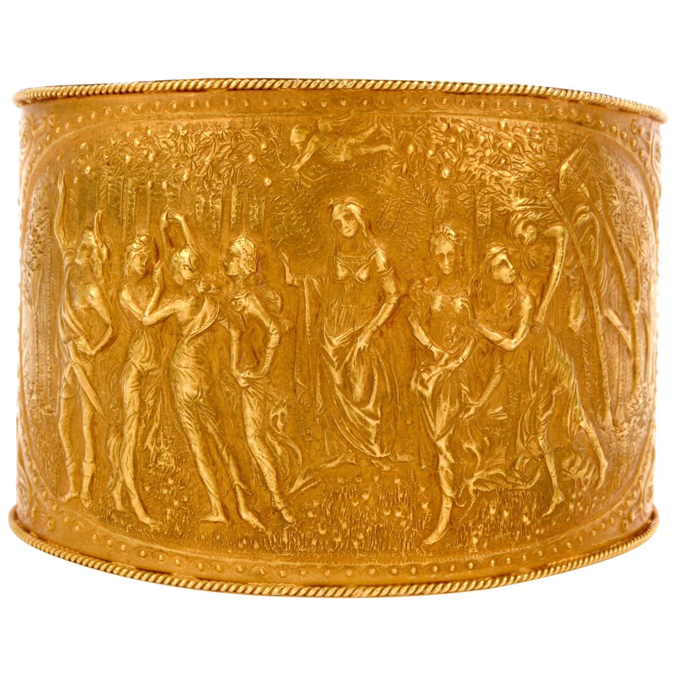 Vintage Roman Filigree 18 Karat Yellow Gold Cuff Bangle Bracelet