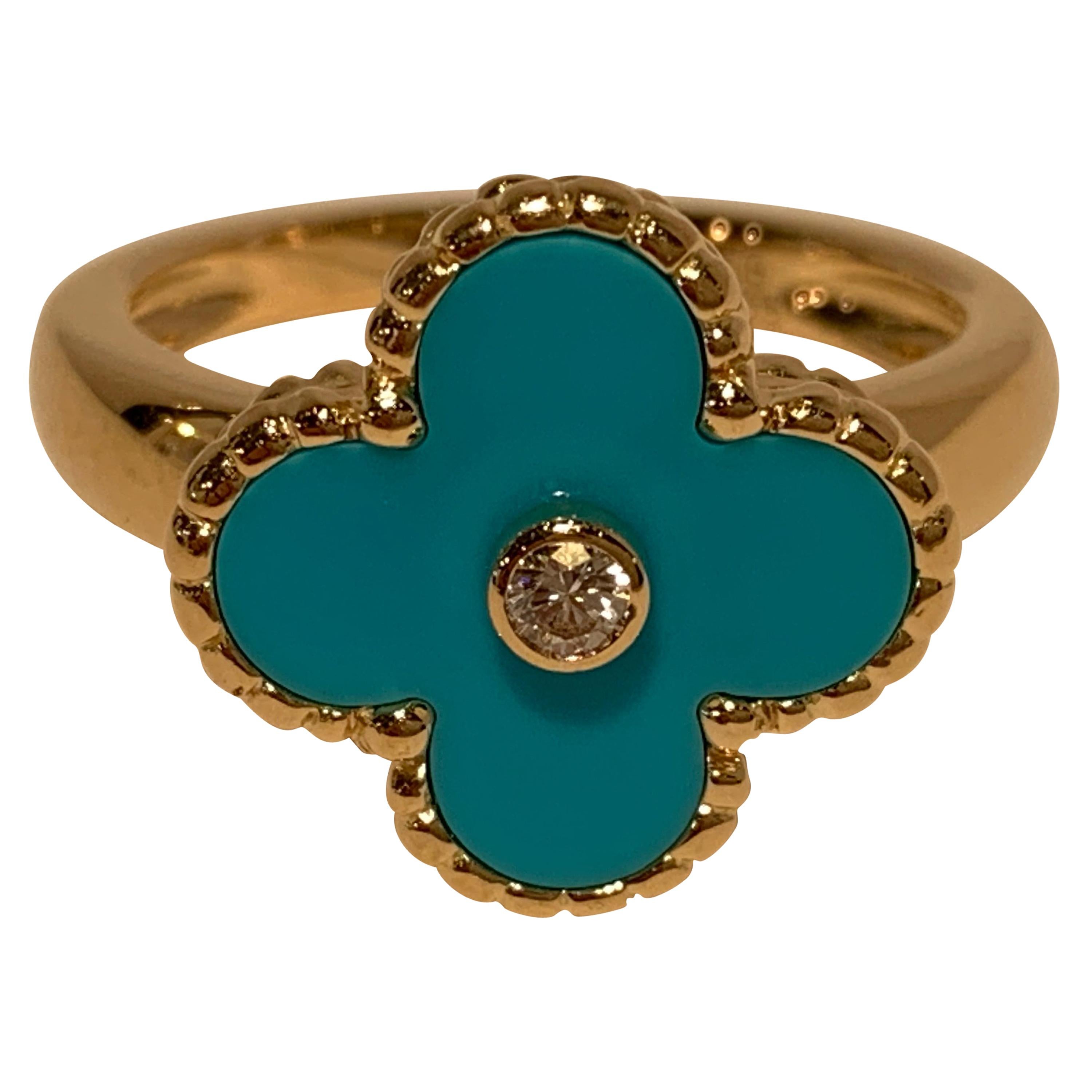 New Van Cleef & Arpels Vintage Alhambra Collection Diamond Turquoise Flower Ring