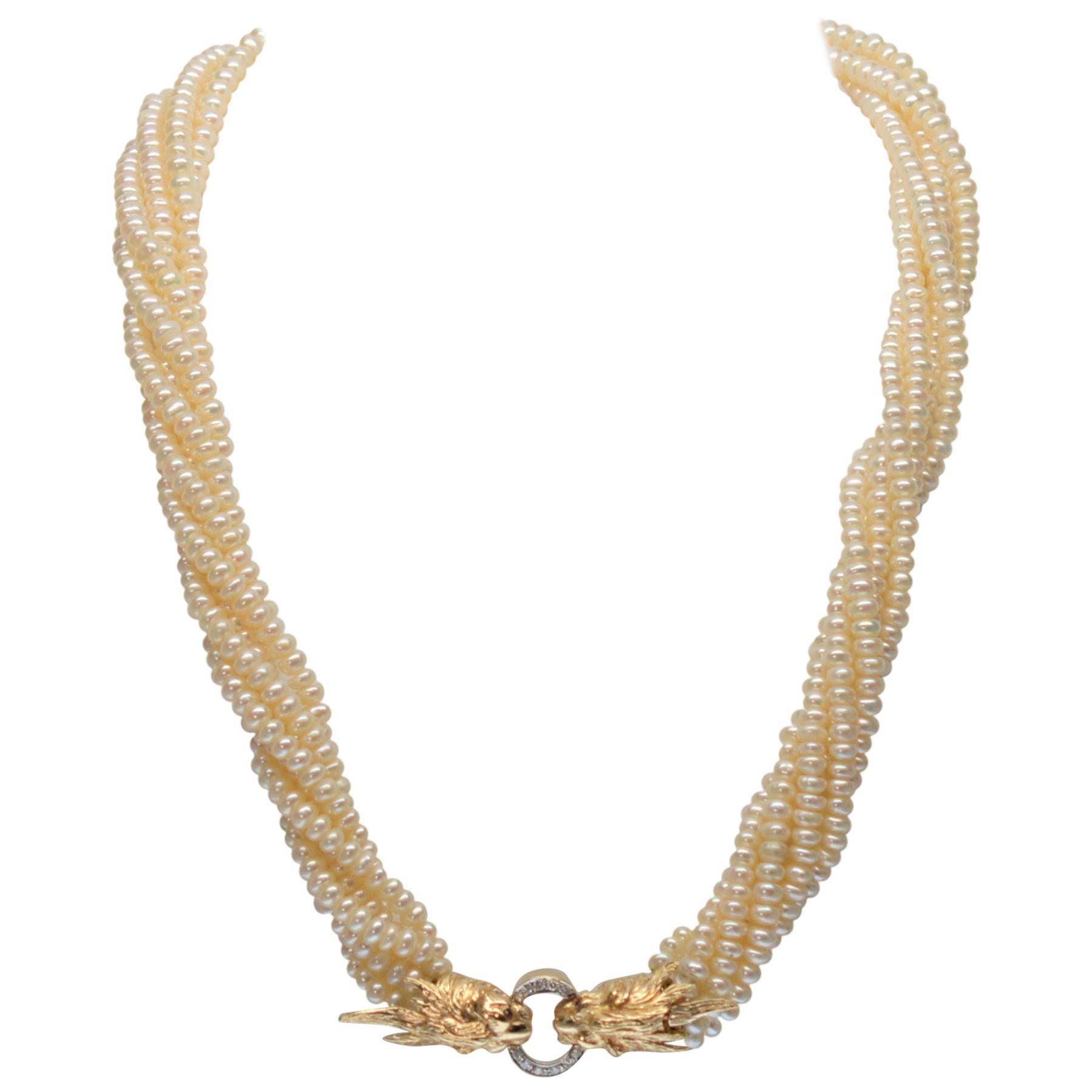 14 Karat Yellow Gold Twin Lion Head Multi-Strand Akoya Pearl Necklace