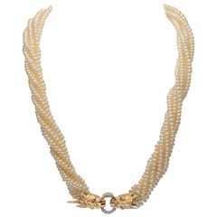 Retro 14 Karat Yellow Gold Twin Lion Head Multi-Strand Akoya Pearl Necklace