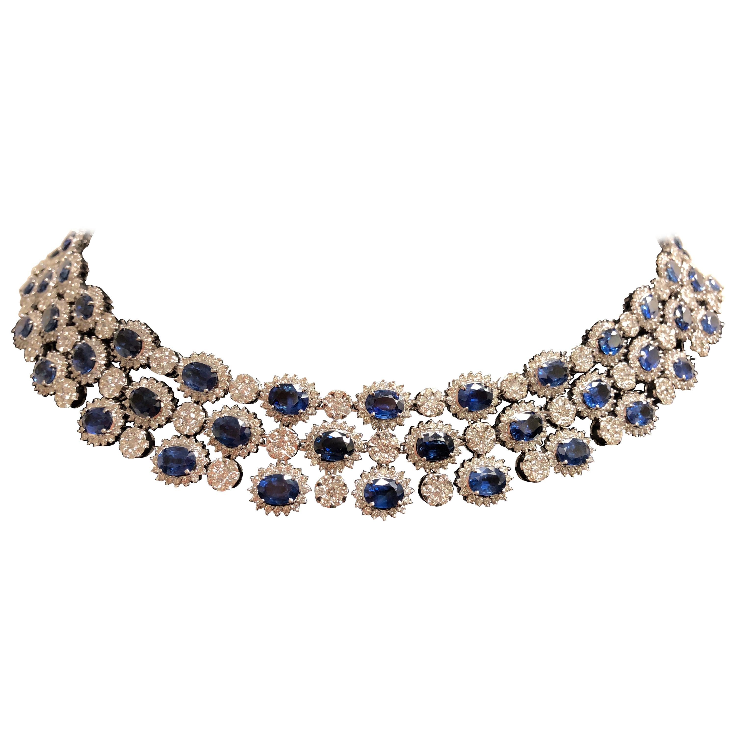 70.07 Carat Oval Sapphire and Diamond Necklace For Sale