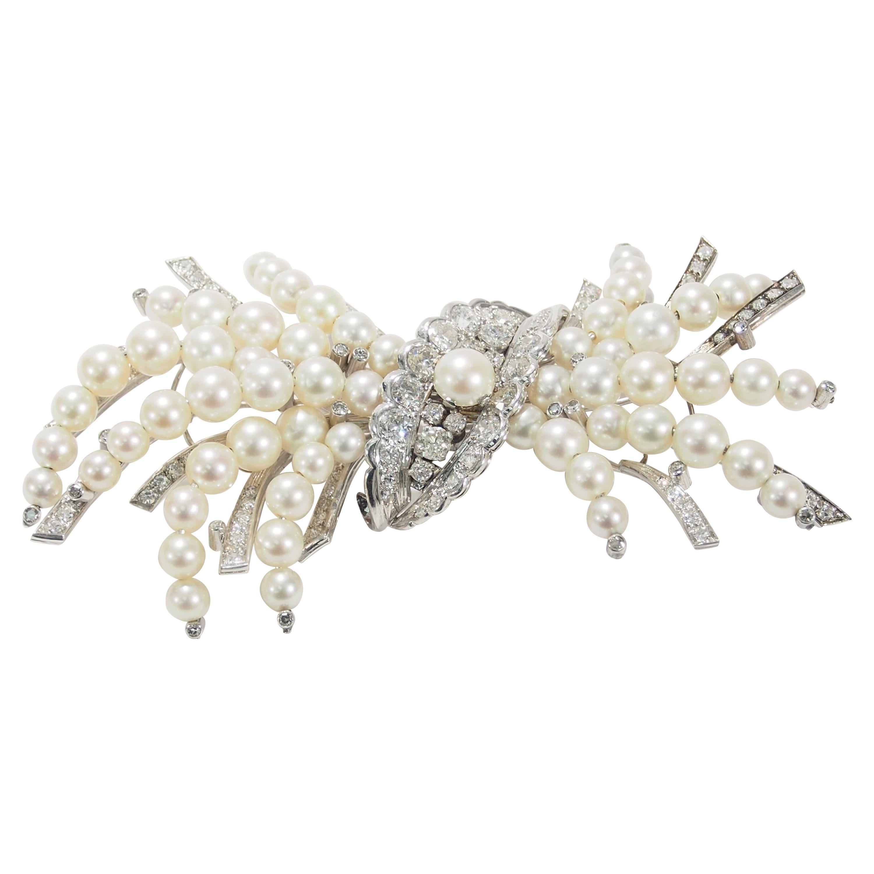 14 Karat Edwardian Diamond Pearl Pin Brooch White Gold 7.33 Carat For Sale