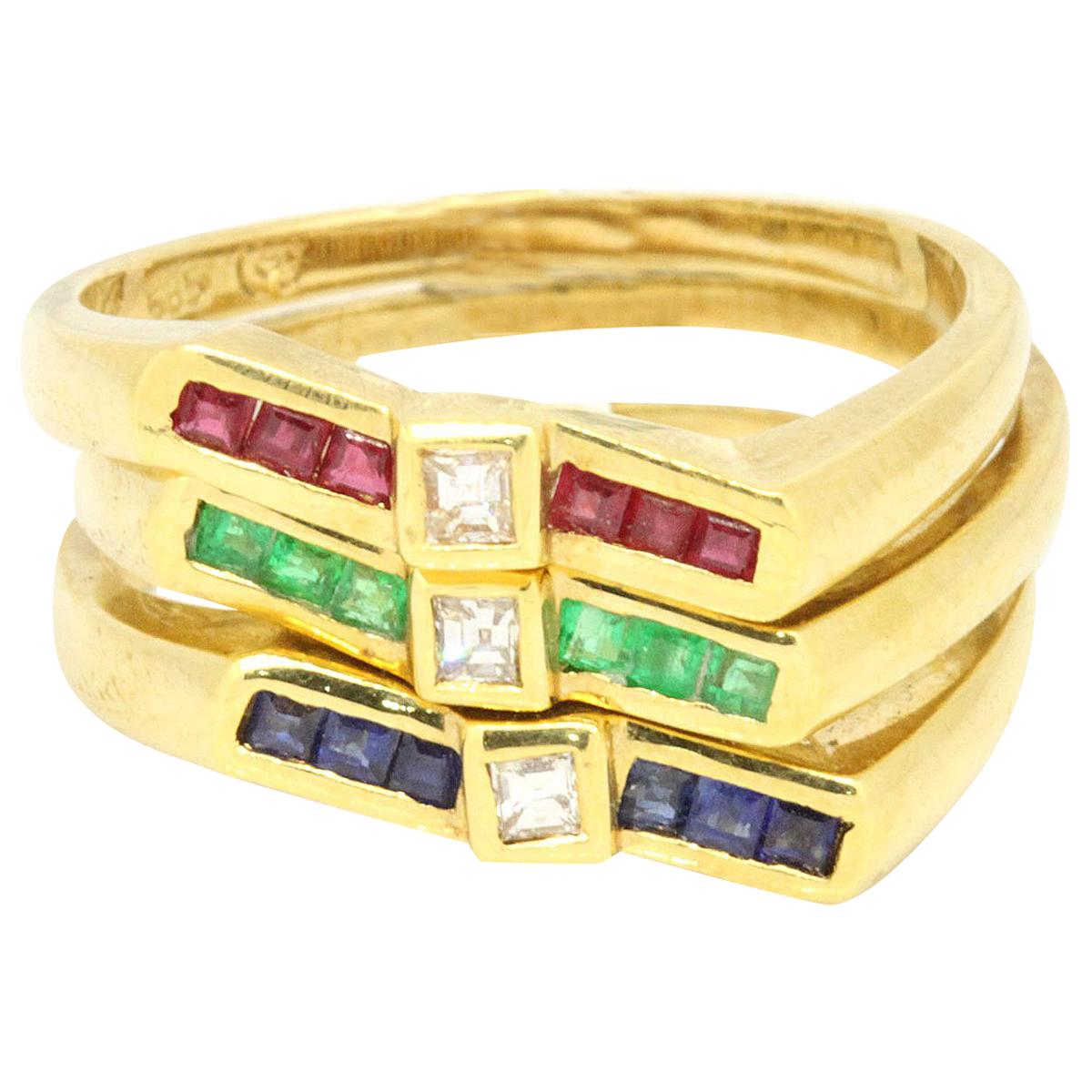 14 Karat Yellow Gold 0.16 Carat Multi-Gem with Diamonds Three Ring Set For Sale