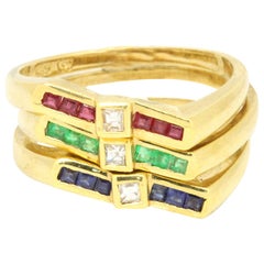 14 Karat Yellow Gold 0.16 Carat Multi-Gem with Diamonds Three Ring Set