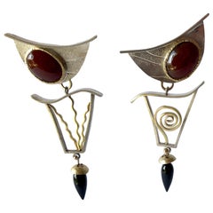 Retro Enid Kaplan Sterling Silver Gold Carnelian Onyx Postmodernist Synergy Earrings