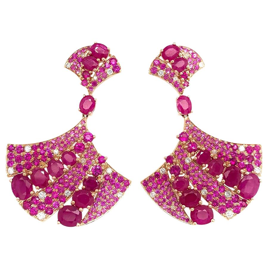 RUCHI Pink Sapphire, Ruby and Diamond Yellow Gold Fan Chandelier Earrings