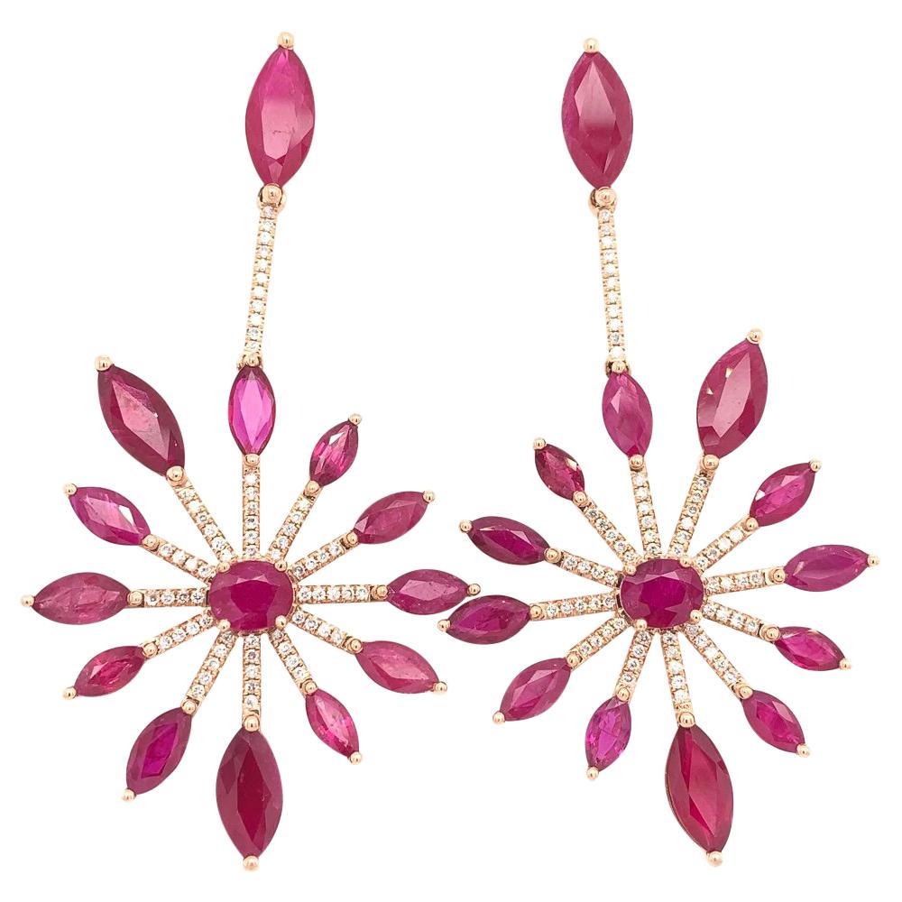 RUCHI Marquise-Cut Ruby with Pavé Diamond Yellow Gold Chandelier Earrings For Sale