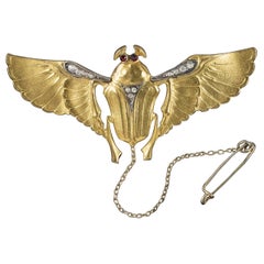 Antique Art Nouveau Garnet Paste Silver Gold Gilt Scarab Beetle Brooch