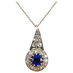 Antique Victorian Edwardian Sapphire Diamond Drop Pendant, 18 Carat Gold Chain