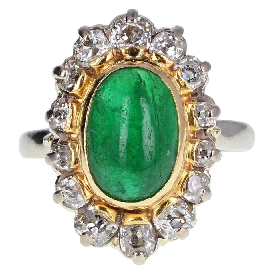 1950s Cabochon Emerald Diamond Cluster Ring For Sale at 1stDibs