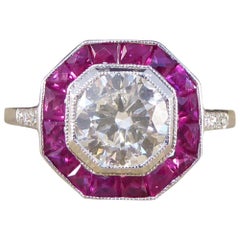 Contemporary Art Deco Style 1.01ct Diamond and Ruby Cluster 18ct White Gold Ring