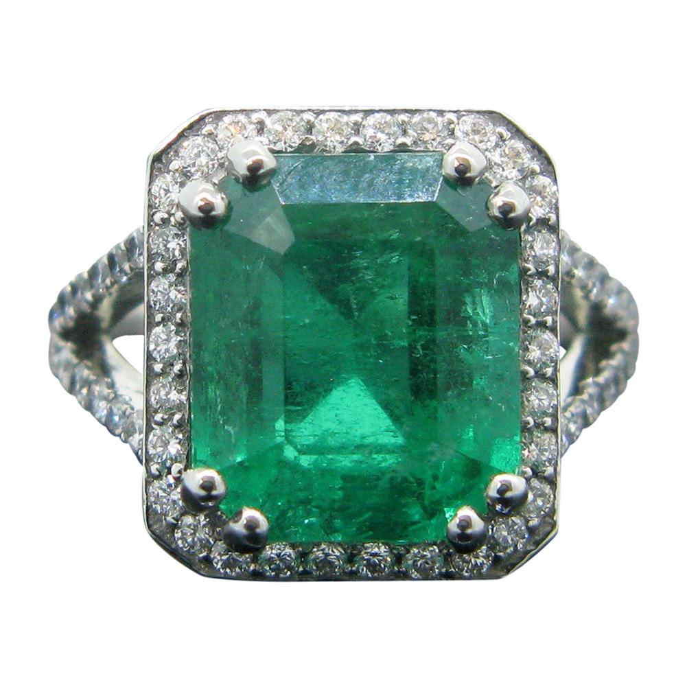 6.14 Carat GRS Certified Colombian Emerald Diamond Platinum Ring For Sale