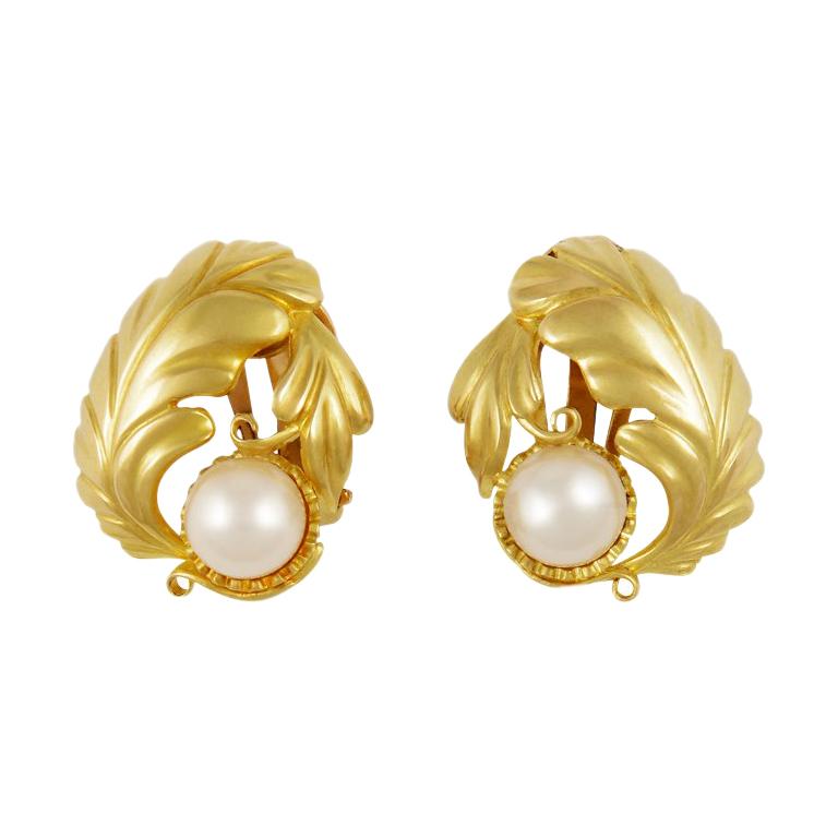 Large Vintage Georg Jensen Gold Earrings #55 Pearls For Sale