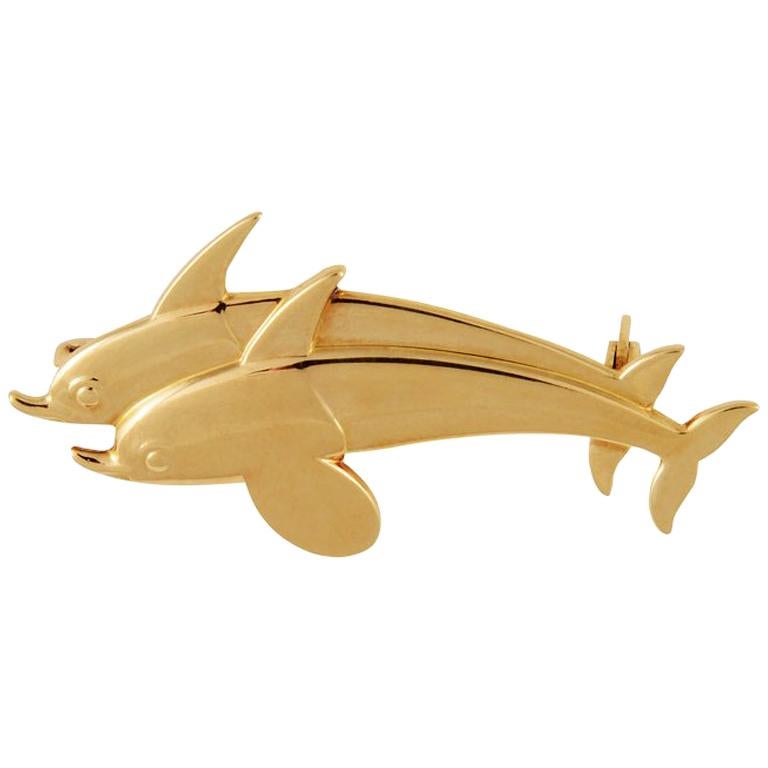 Georg Jensen Gold Dolphin Brooch #370 by Arno Malinowski For Sale