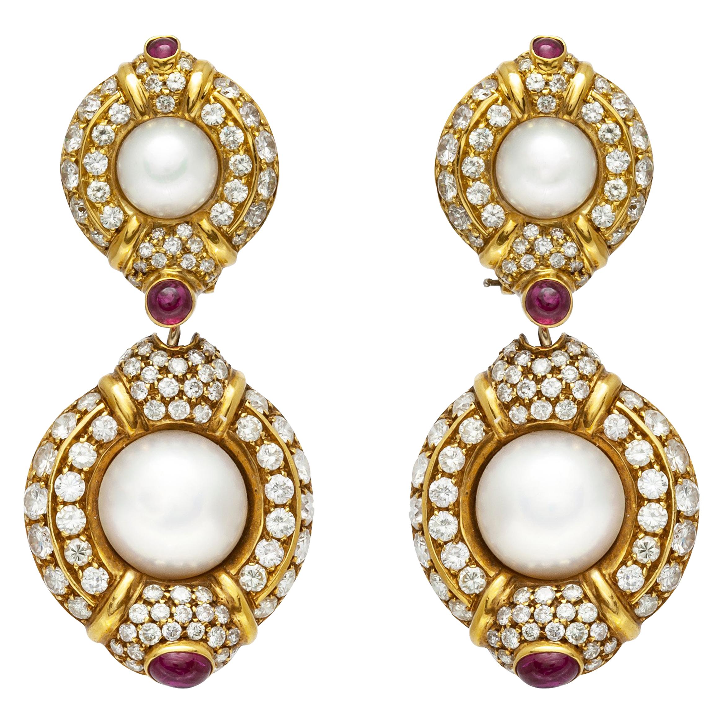 Pearl Diamond Ruby Earrings