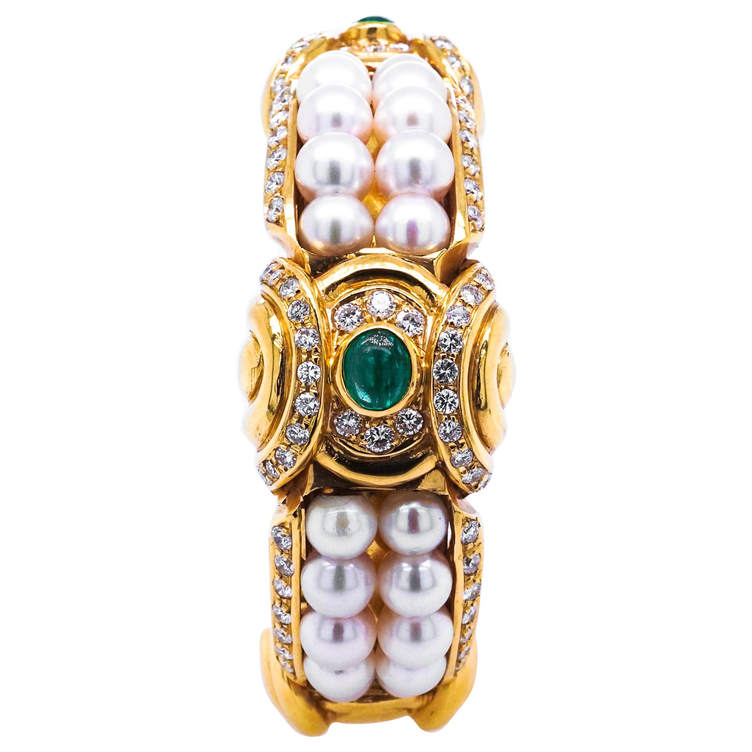 18 Karat Gold, Cultered Pearl, Cabochon Emerald and Diamond Bangle Bracelet