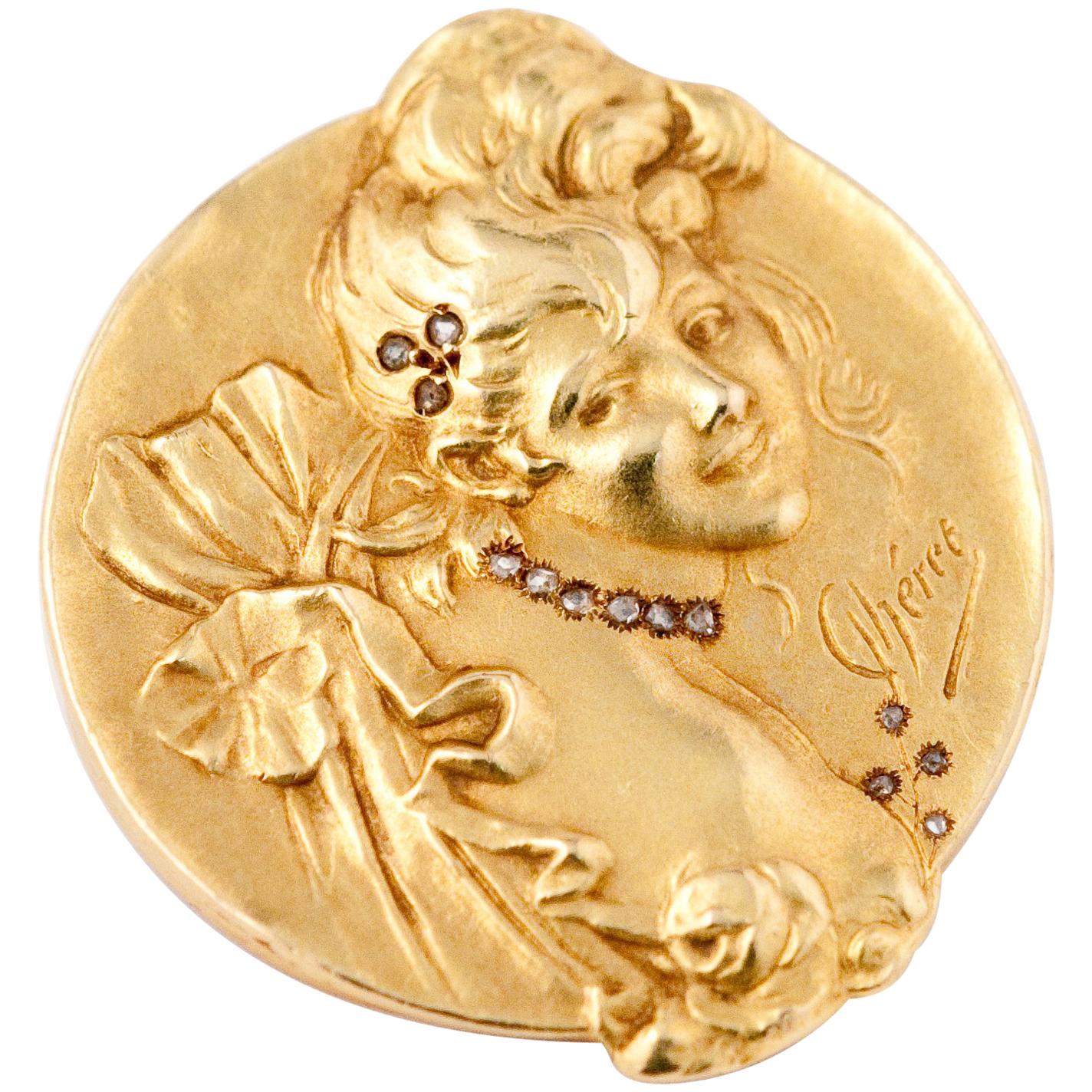 Brooche Art Nouveau Jules Cheret 18 Carat Gold and Rose Cut Diamond