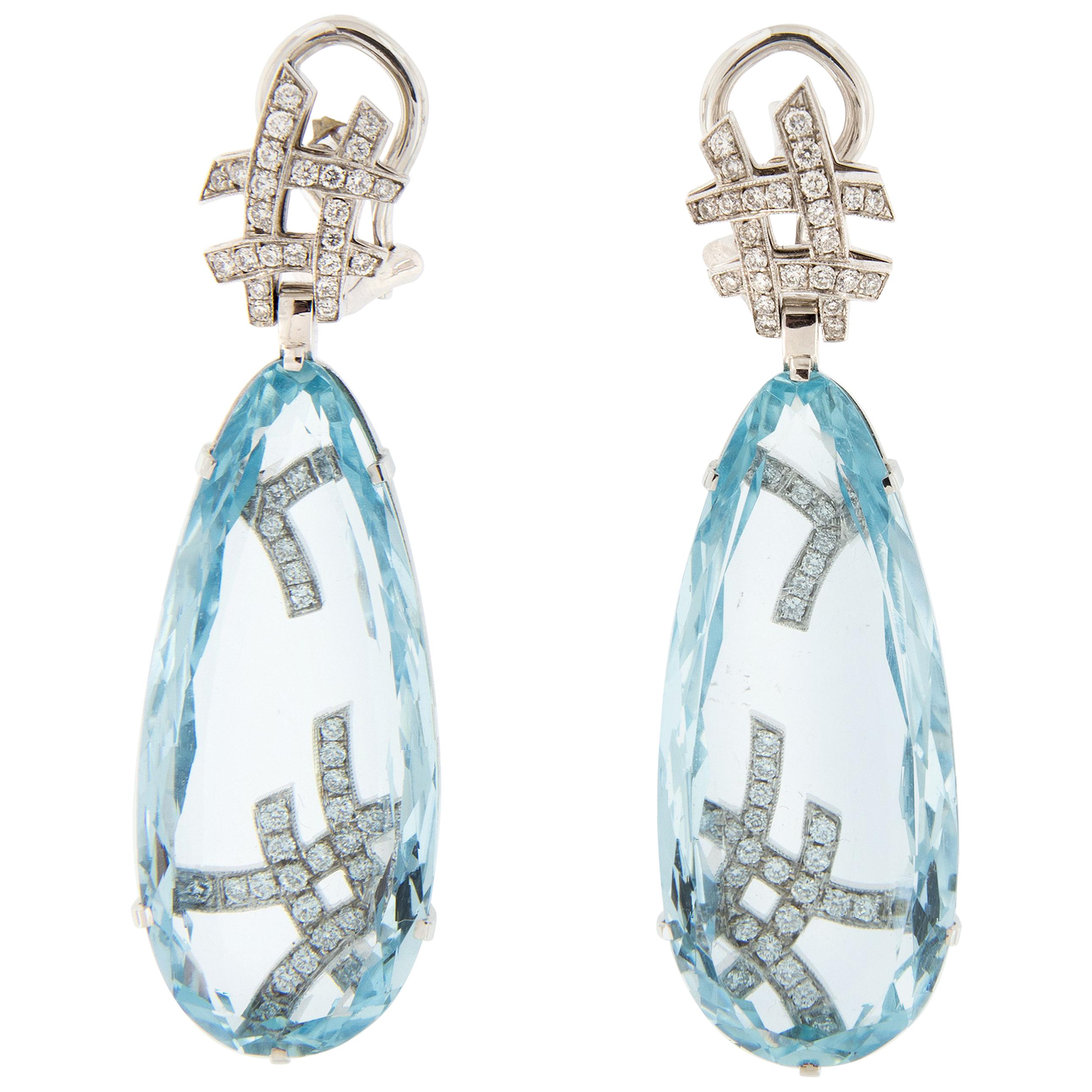 Goshwara G-One Aquamarine Diamond 18 Karat Gold Drop Earrings