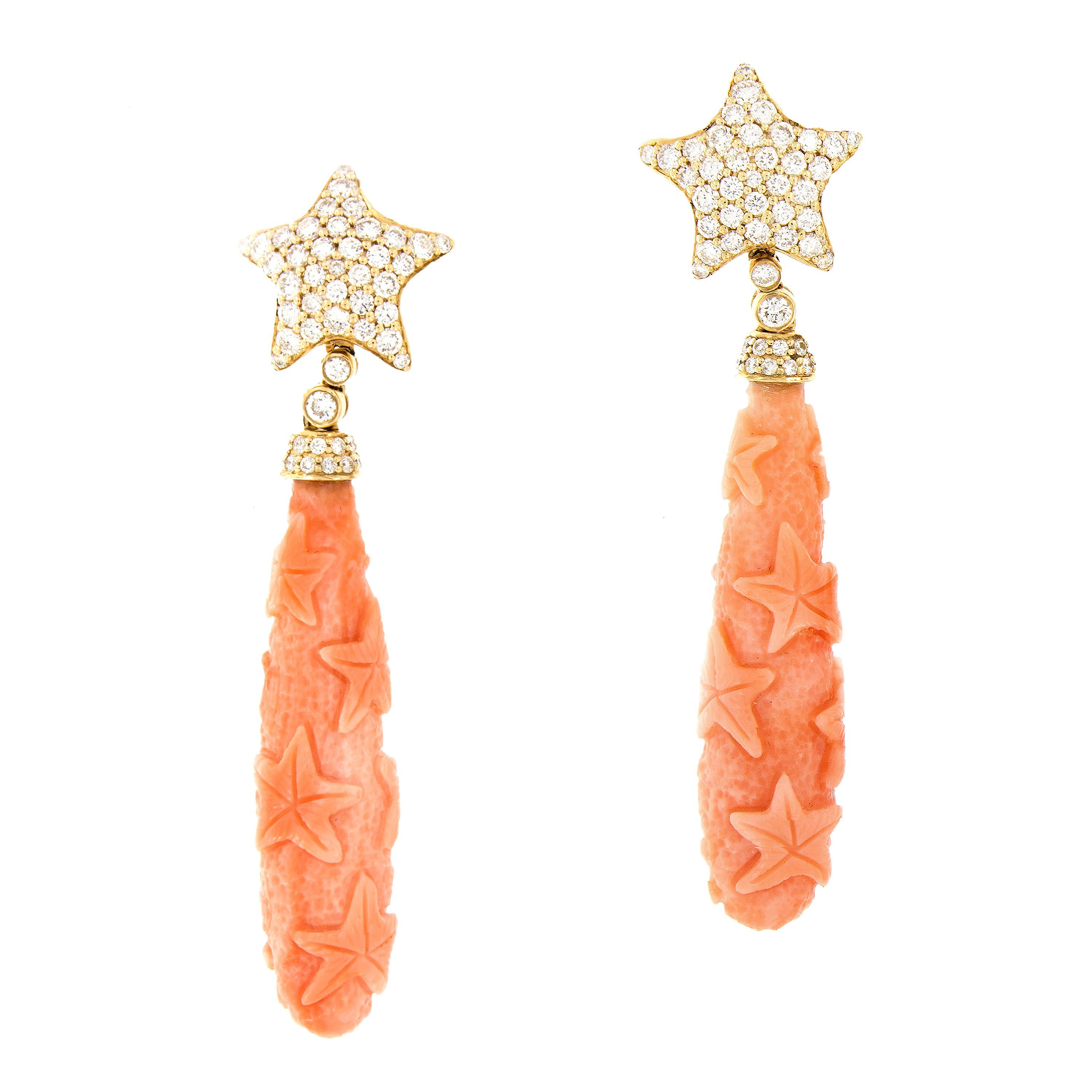 Goshwara G-One Carved Natural Coral Diamond 18 Karat Gold Drop Earrings