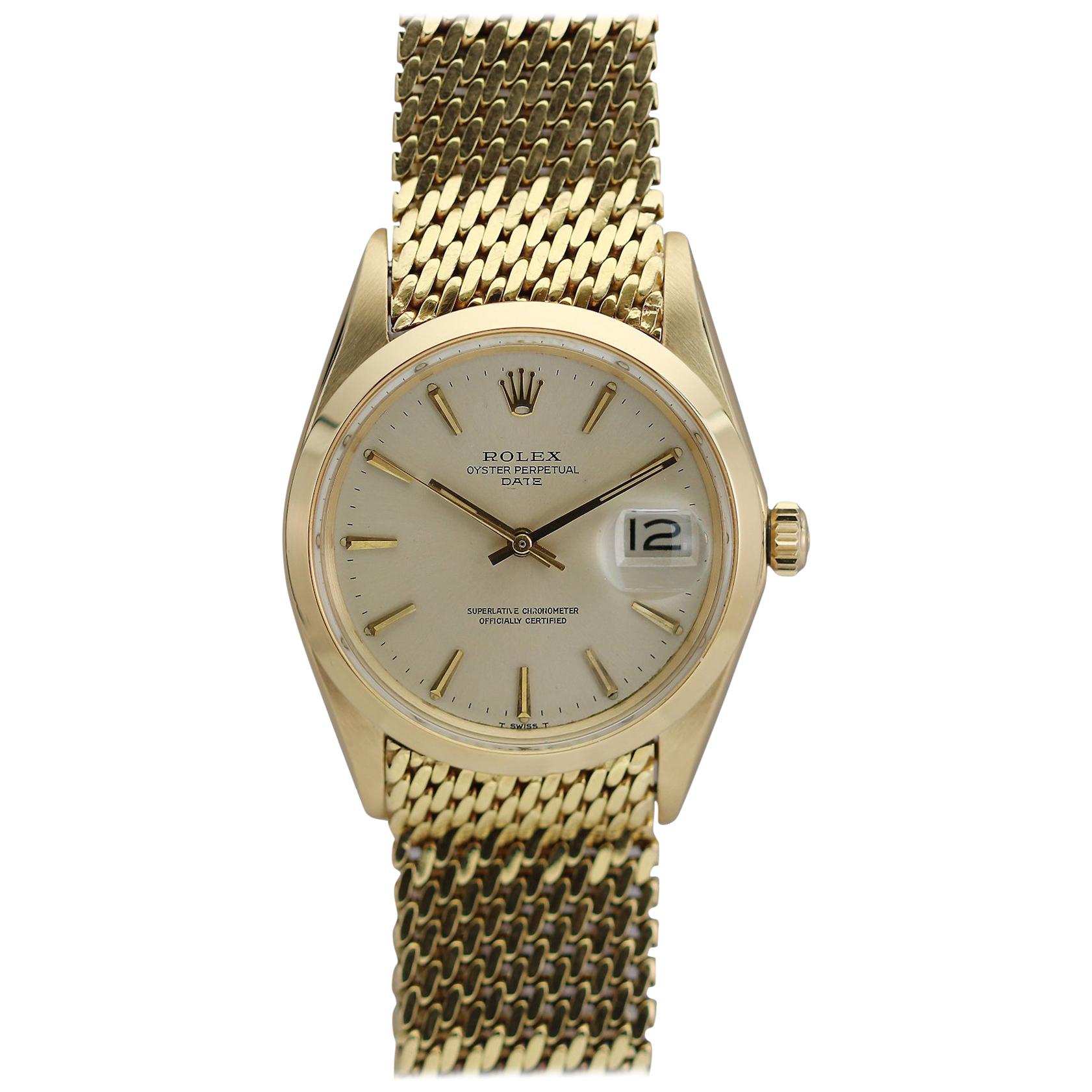 Rolex 18 Karat Yellow Gold Date Ref 1500 on Rolex Gold Mesh Bracelet, circa 1969