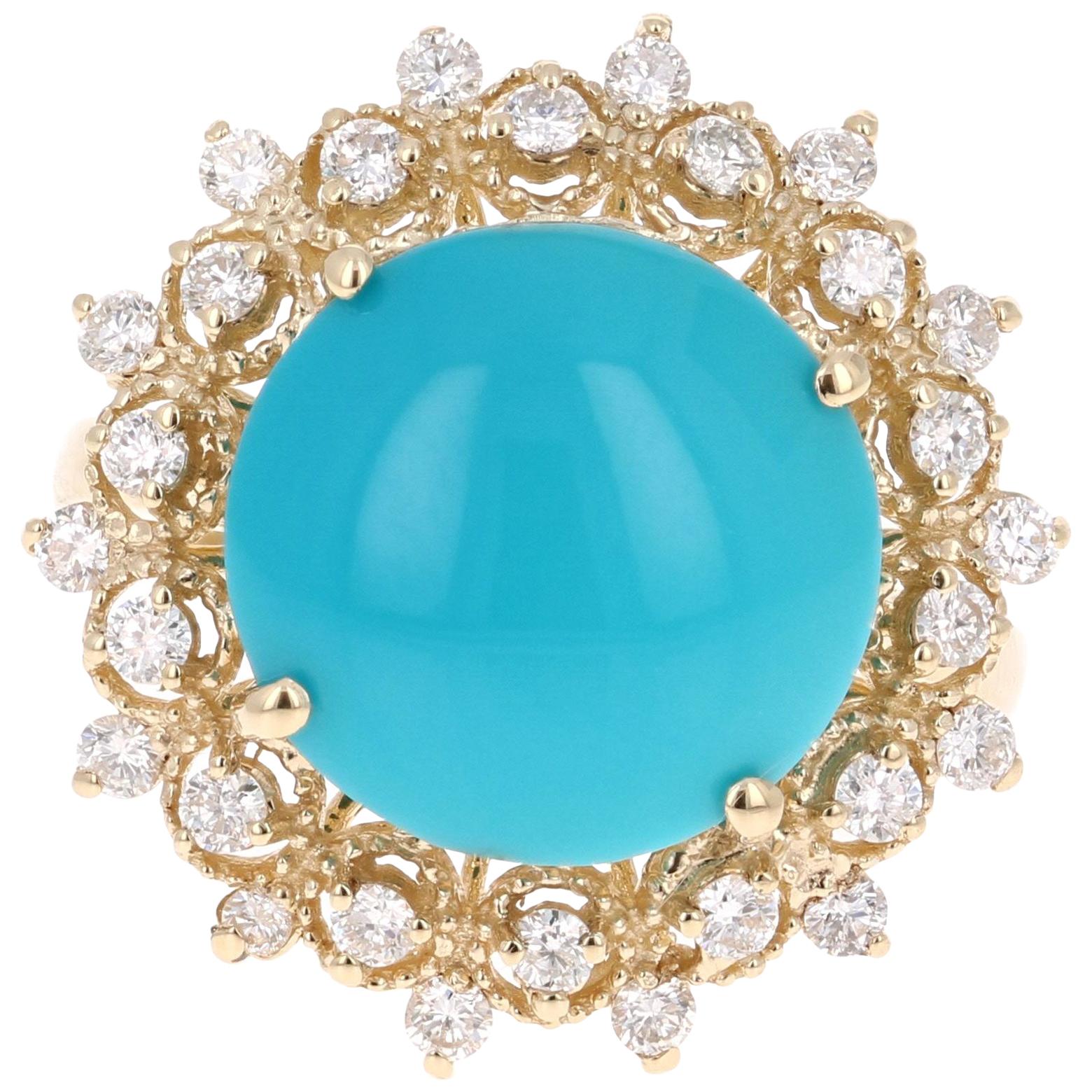 5.93 Carat Round Cut Turquoise Diamond 14 Karat Yellow Gold Ring