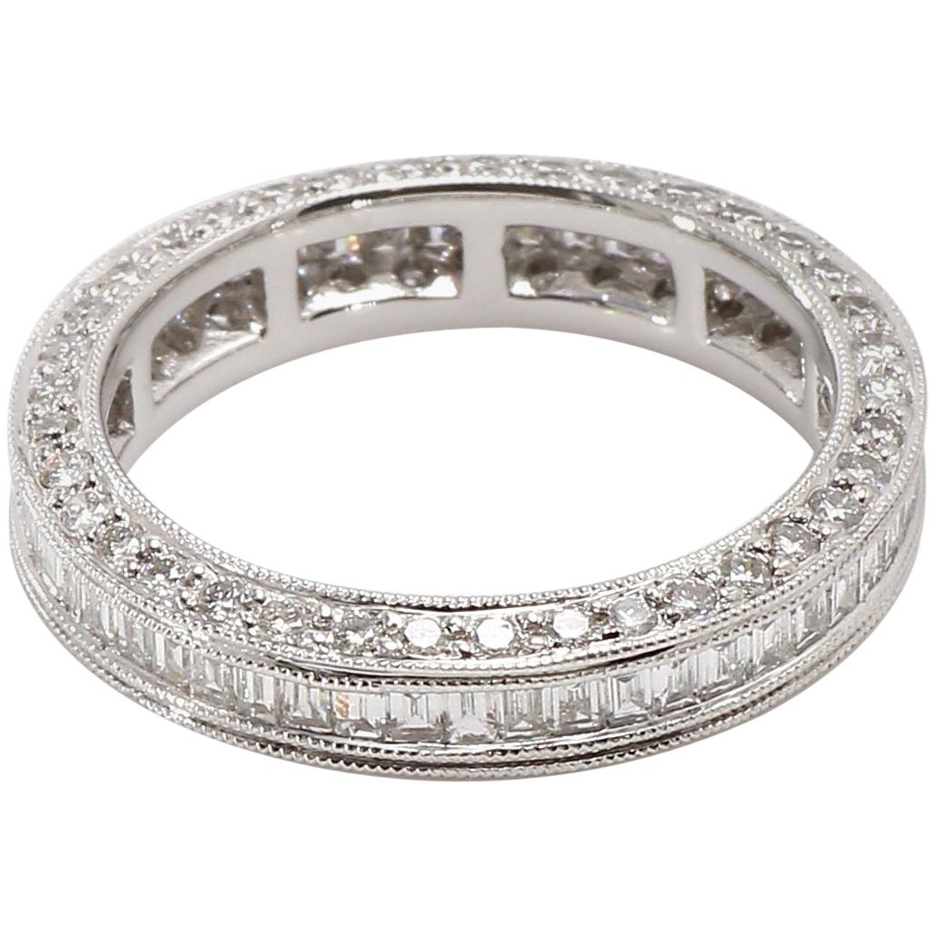 18 Karat White Gold Diamond Eternity Ring with Baguette Diamonds For Sale