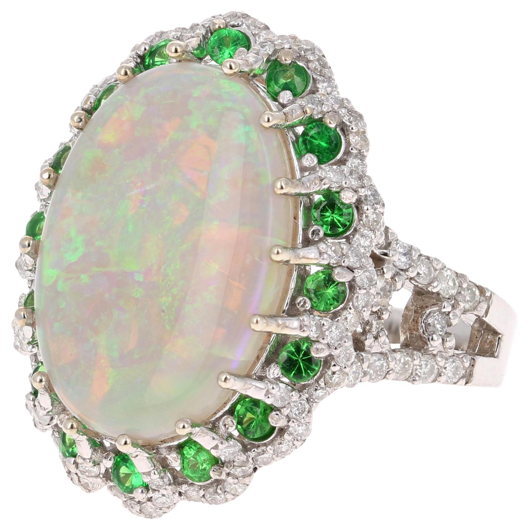 6.68 Carat Oval Cut Opal Diamond Tsavorite 14 Karat White Gold Cocktail Ring