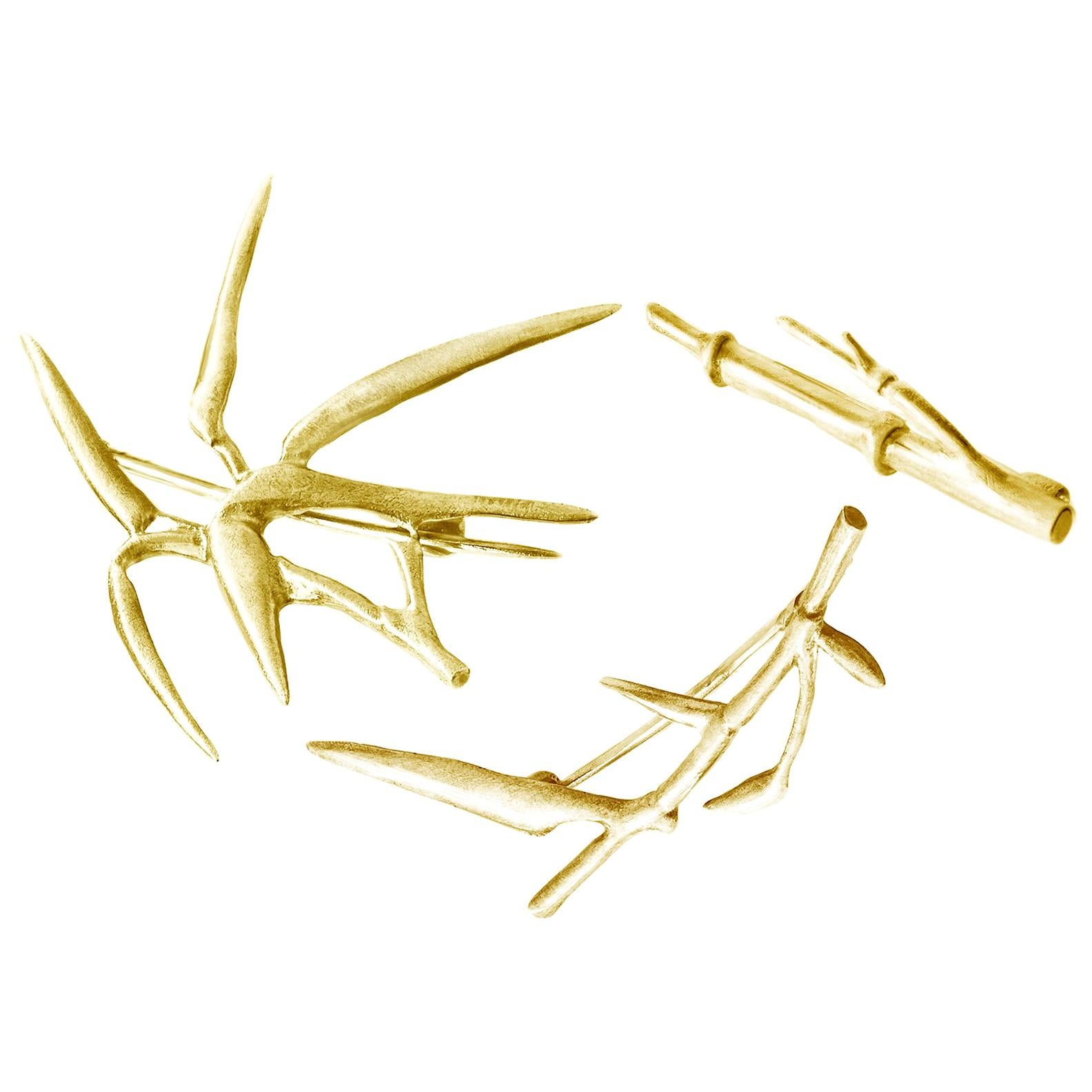 Featured in Vogue 14 Karat Yellow Gold Bamboo Brooch Triptych by the Artist For Sale