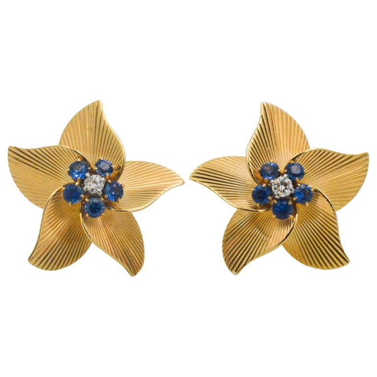 Tiffany and Co. 14 Karat Gold Sapphire and Diamond Textured Flower Clip ...