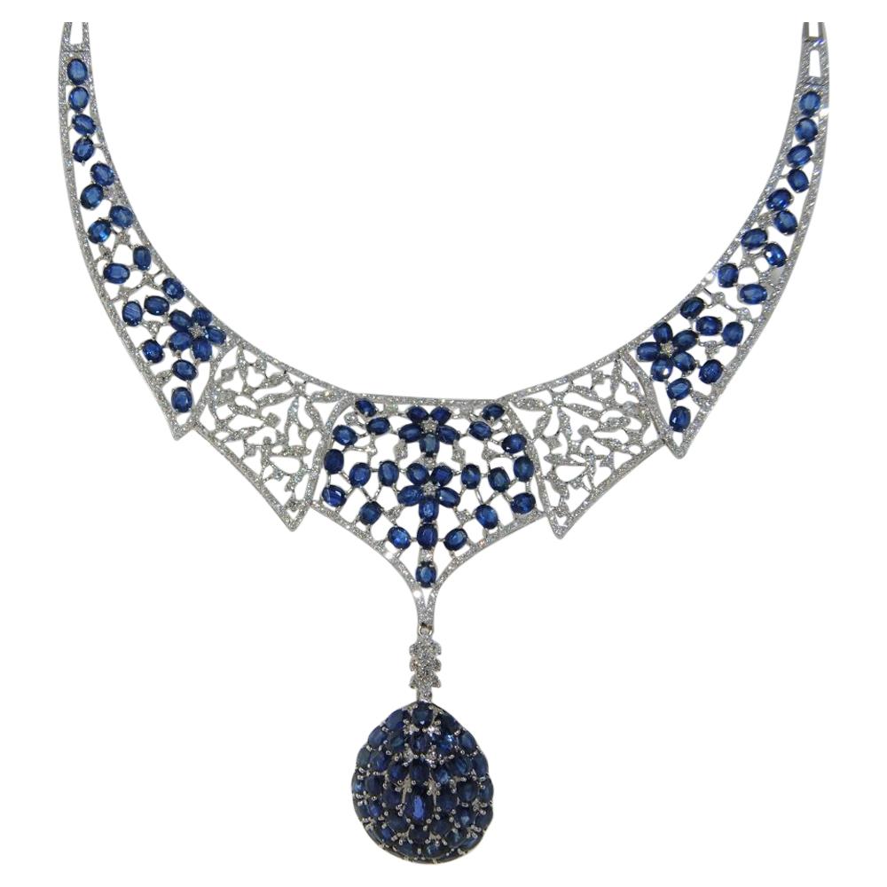 Blue Sapphires and Brilliant Diamond Necklace, 14 Karat Gold For Sale