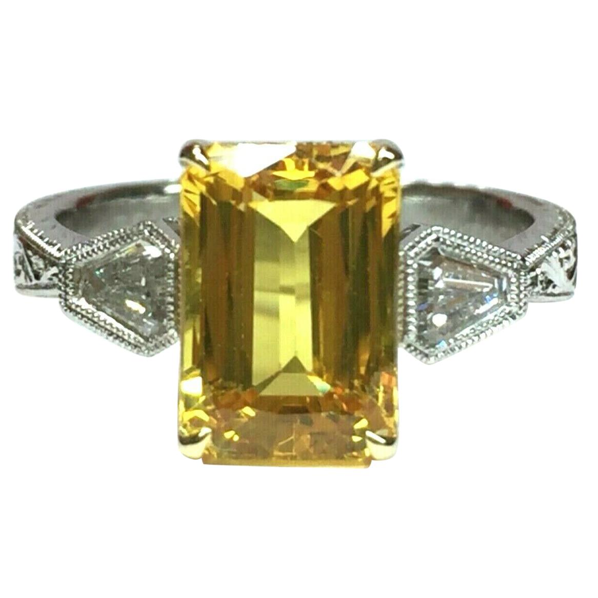4.02 Carat Natural Yellow Sapphire and Diamond Ring GIA Certified For Sale
