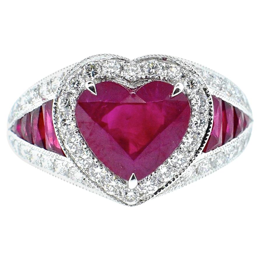 Platinum, Diamond and Natural Heart Shaped Ruby Ring