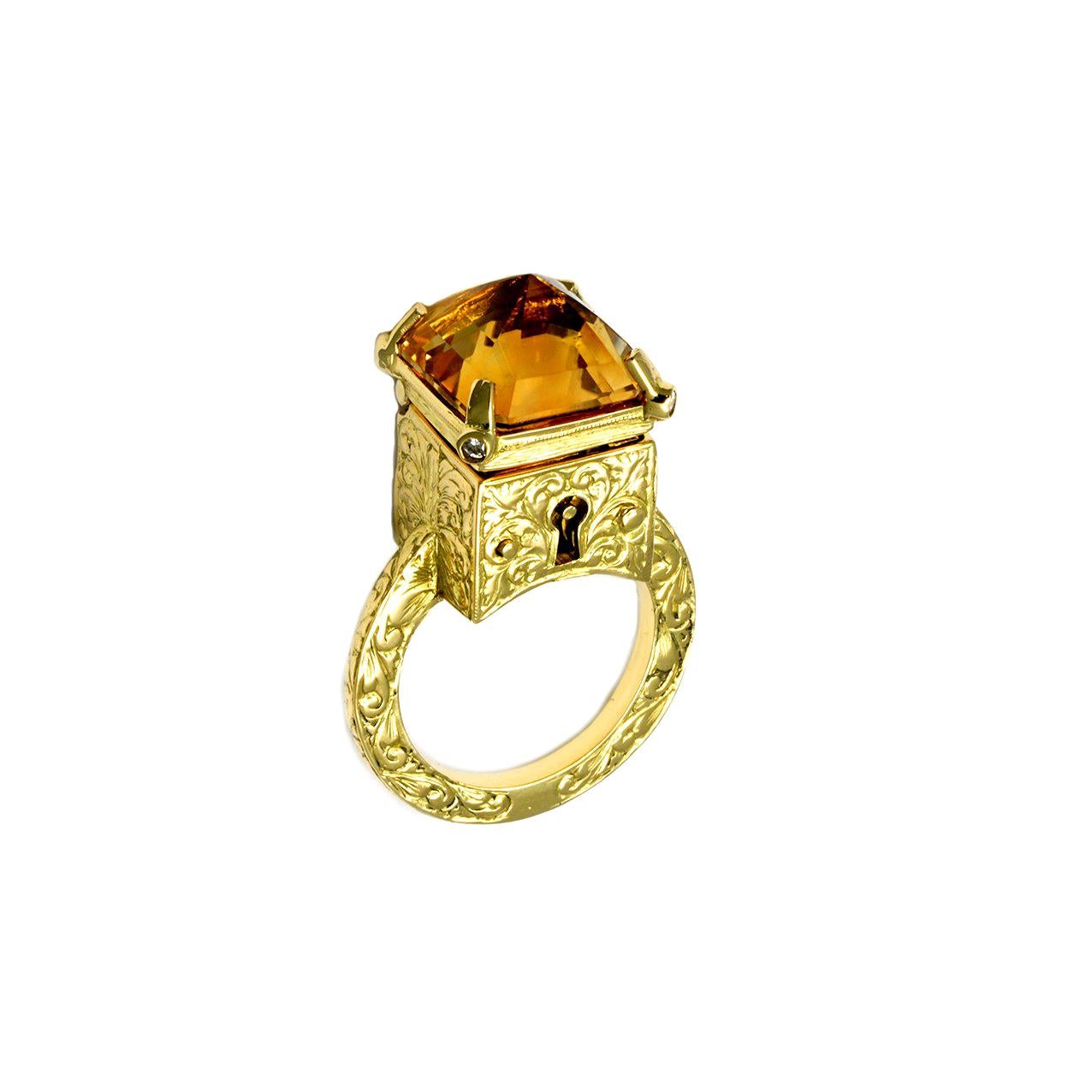 18ct Gold, Citrine and Diamond, Baroque Engraved Victorian Poison Ring with Key