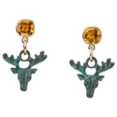 9 Carat Yellow Gold, Verdigris Brass and Citrine Stag Deer Earrings